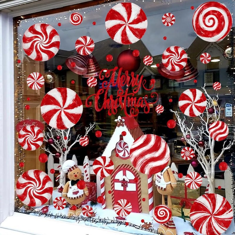 DULEFUN 8 Sheets Christmas Window Clings, Candy Window‘s Decals Oil Painting Christmas Red Candy Stickers for Xmas Home Office School Decor Winter Glass Window Decoration - Image 2